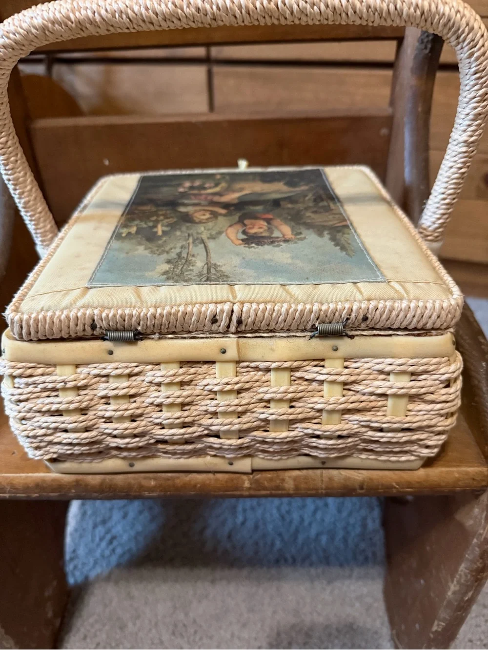 Woven Straw Sewing Basket with Cream Scenic Fabric Top